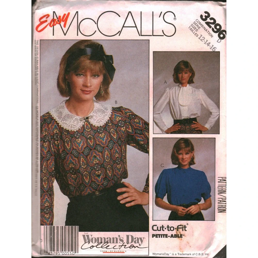 Vintage 1987 Easy McCalls 3296 Blouse Sewing Pattern Size 12-14-16 Lace Collar
